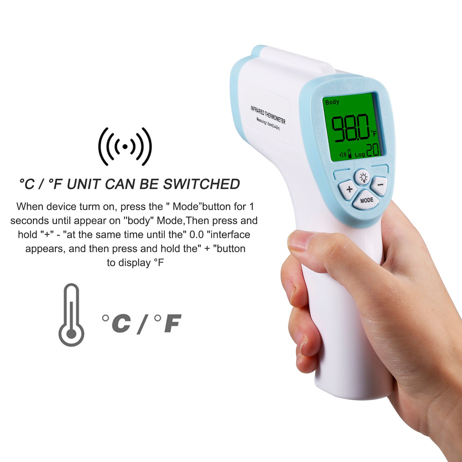 Digitale voorhoofdthermometer contactloze ir-infraroodthermometer temperatuurmeting met kleurenscherm met achtergrondverlichting digitaal display