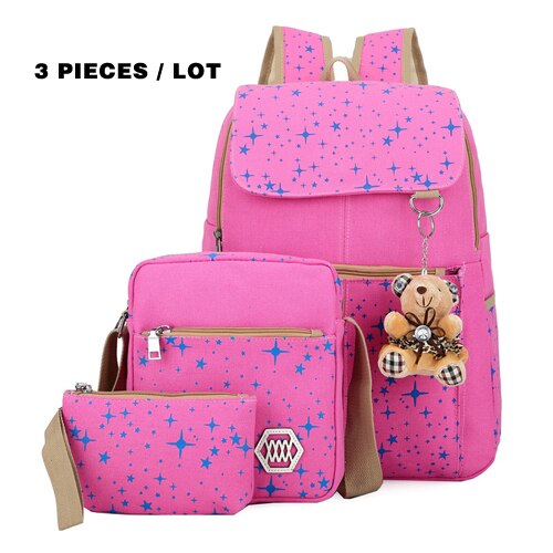 3 stk / sæt kvinder rygsæk skoletasker stjerne udskrivning søde rygsække med bjørn til teenagere piger rejsetaske rygsække mochila: Lyserød