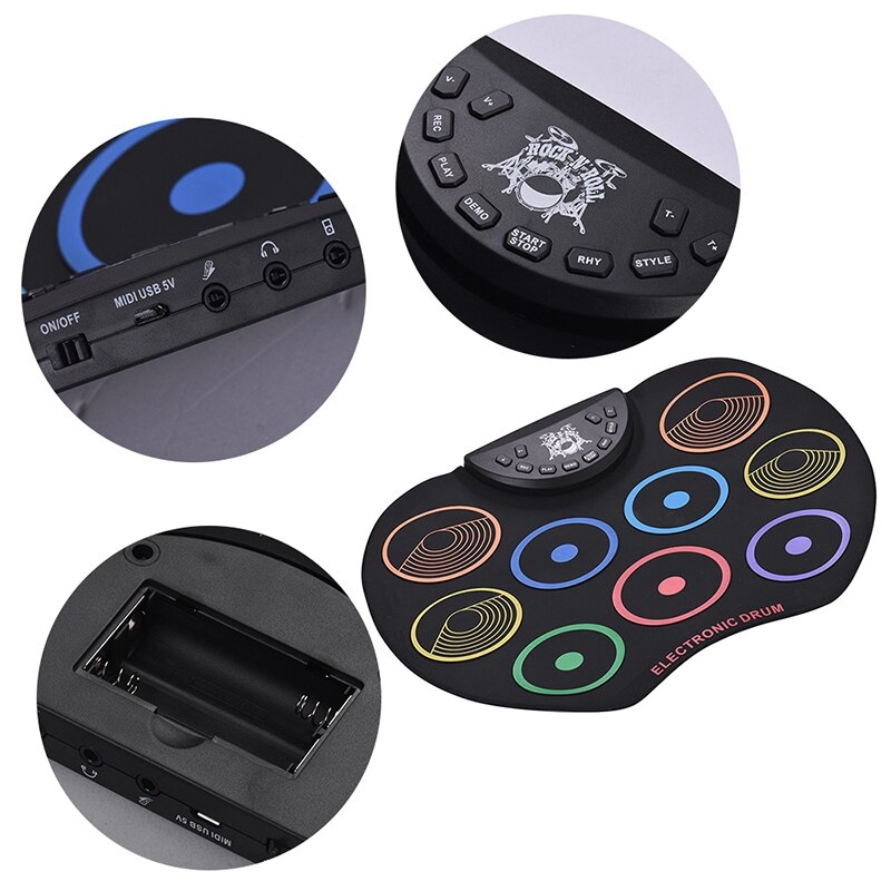 Portable Roll Up Drum Set Electronic Drum Kit 9 Silicon Drum Pads USB Powered with Drumsticks Foot Pedals for Kids