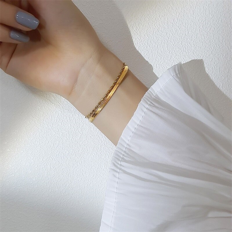 Modyle Gold Color Snake Chain Bracelet Bangle for Women Punk Multi Layer Stainless Steel Chain Bracelet Female Jewelry