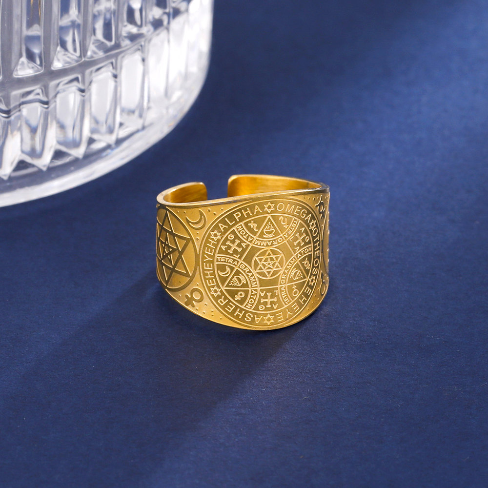 Dawapara Enochian Anillo de Ángel Mágico Solomon Kabbalah Amuleto de Protección Esagrama de Acero Inoxidable Triángulo Joyería Religiosa