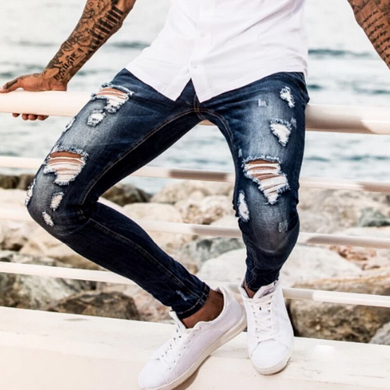 Slitna jens byxor tvättade denim skinny jeansbyxor hip streetwear slim fit stretch biker jeans pencil jeansbyxor