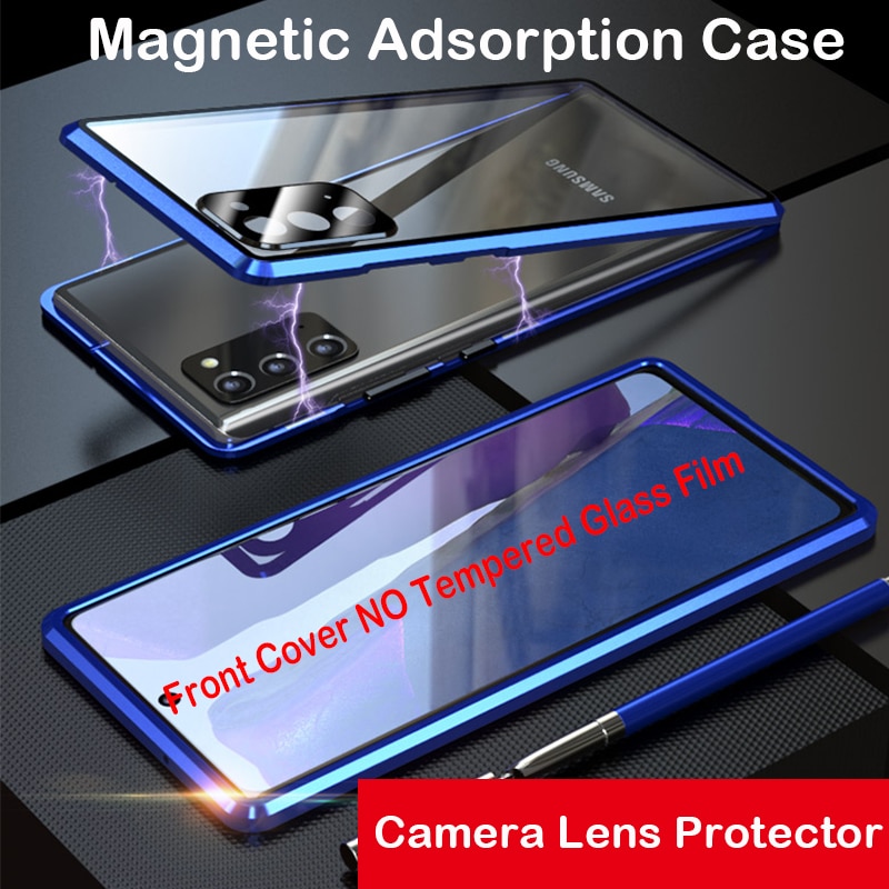 Volledig magnetische hoes voor samsung galaxy note 20 ultra, gehard glazen hoesje, metalen bumper, note 20 cameralens beschermhoes