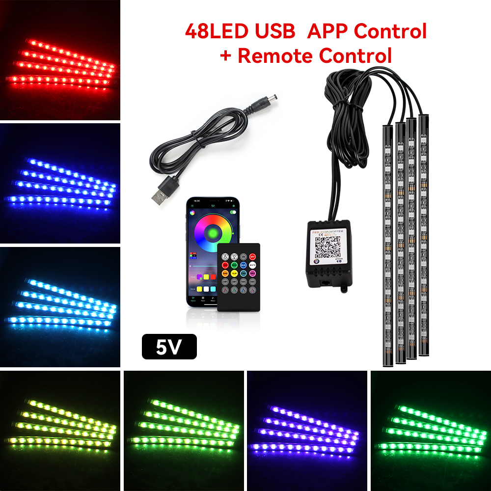 Néon 48 72 LED voiture intérieur ambiant pied lumière avec USB sans fil à distance musique App contrôle Auto RGB atmosphère lampes décoratives: Rose