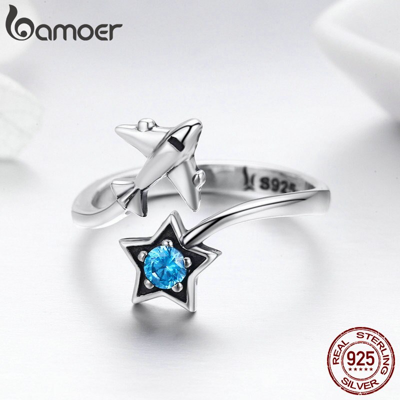 Anillos de dedo para mujer BAMOER 100% Plata de Ley 925, a la , Star Tour, Star & Plane, joyería de plata de ley, Anel SCR322