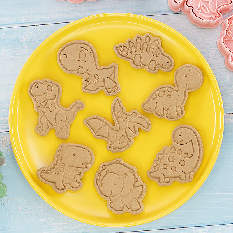 8Pcs Dinosaurus Vorm Cookie Cutters Plastic 3D Cartoon Pressable Biscuit Mold Cookie Stamp Keuken Bakken Gebak Bakvormen