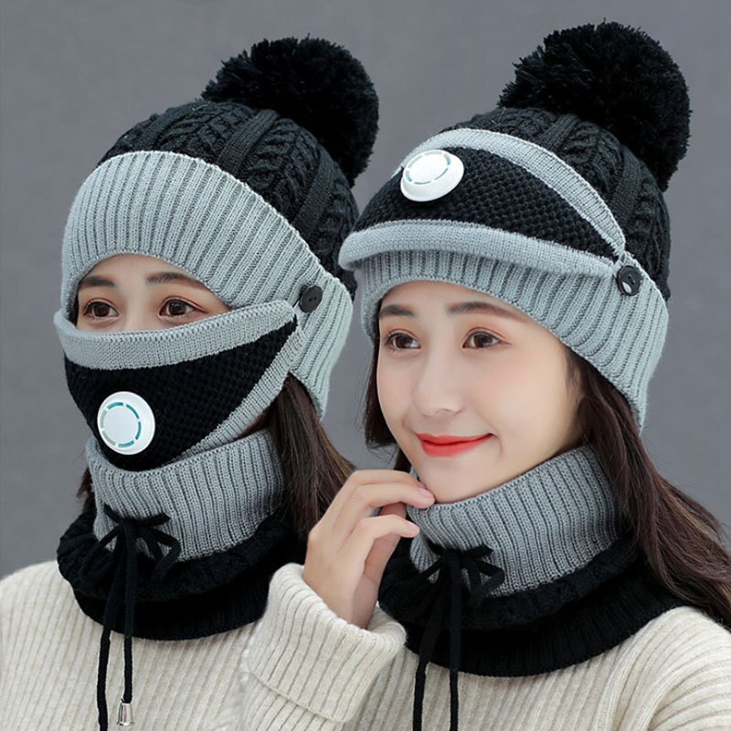 Outdoor Cycling knitted Hats Autumn Winter Knitted Hat Kit With Breathing Mask Thickened Warm Cap 3 in 1 Woman Hat Set: 3