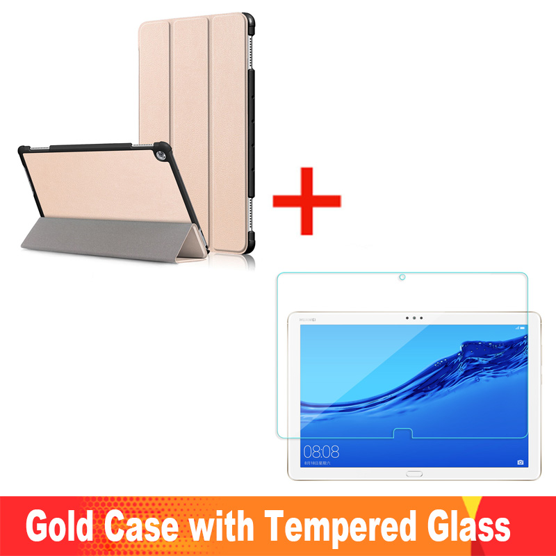 Para Huawei MediaPad M5 Lite funda 10 BAH2-W19/L09/W09 Ultra delgada Pu cuero Smart Stand cubierta para media Pad M5 Lite 10,1": Gold Case add Glass