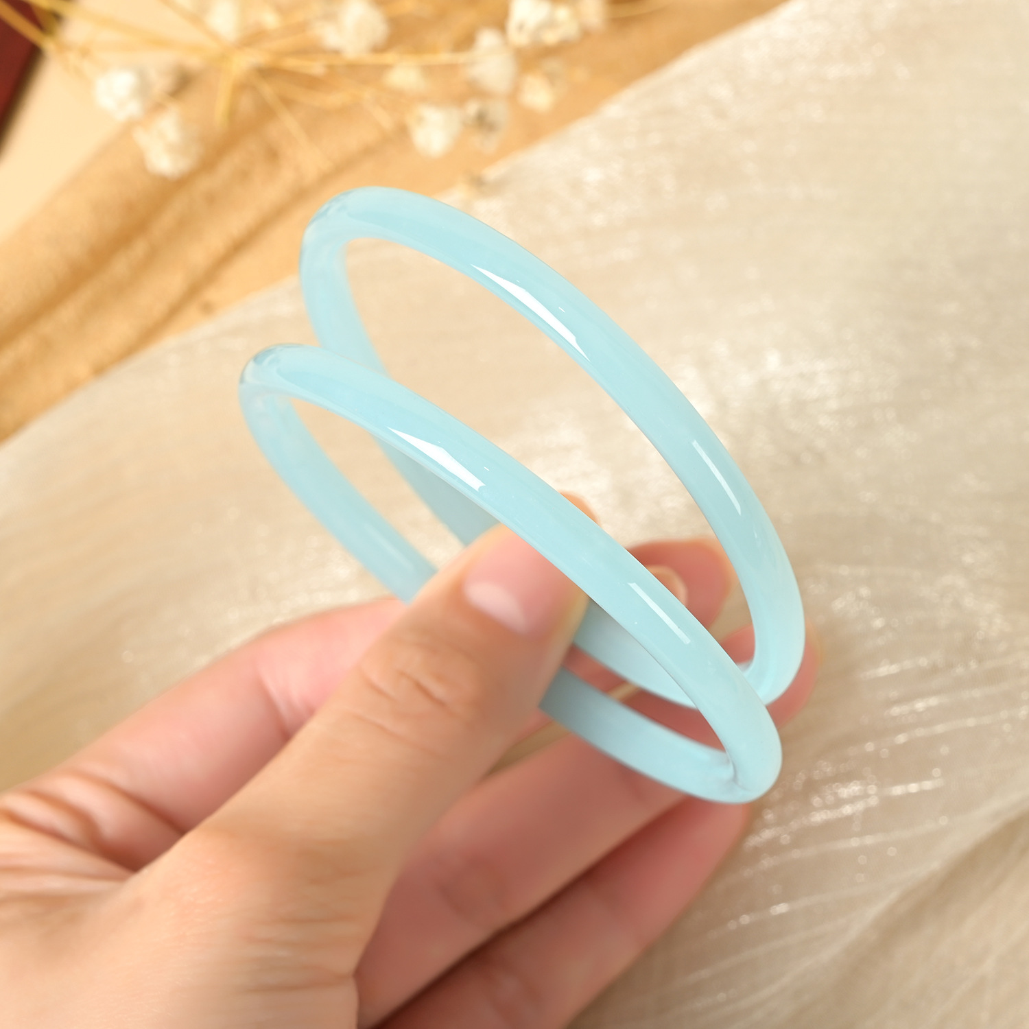 2Pcs/Set Glass Natural Jade Solid Color Jingle Bangles Retro Simple Bracelet Femme Women's Casual China Jewelry