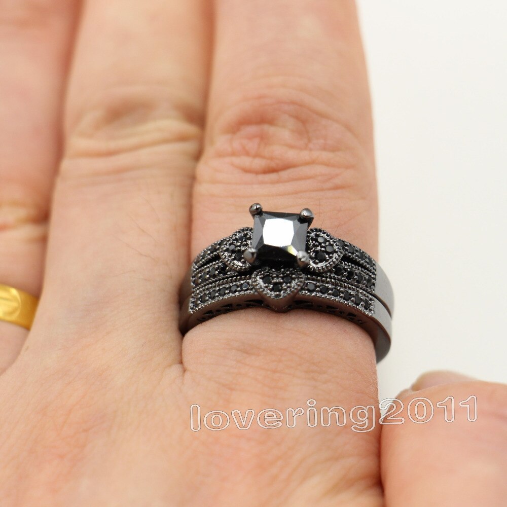 Victoria Wieck princesse coupe noir AAA CZ simulé pierres 10KT or noir rempli mariée fiançailles ensemble d'anneaux de mariage Sz 5-11