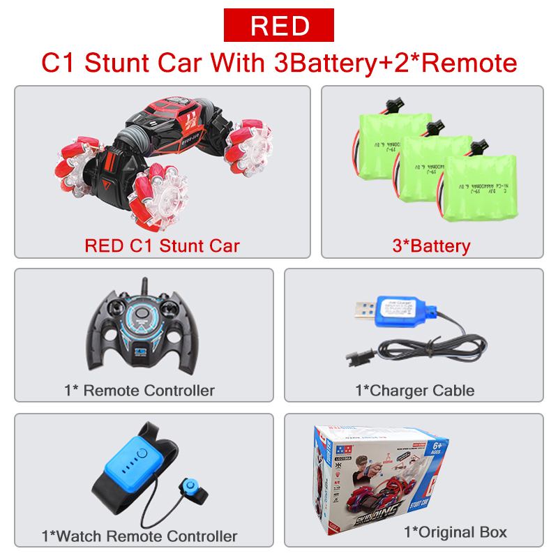 4WD RC Stunt Auto Horloge Afstandsbediening Gebaar Inductie Vervormbare Elektrische RC Drift Auto LED Licht Transformator Auto Speelgoed voor kids: Red 3 batteries