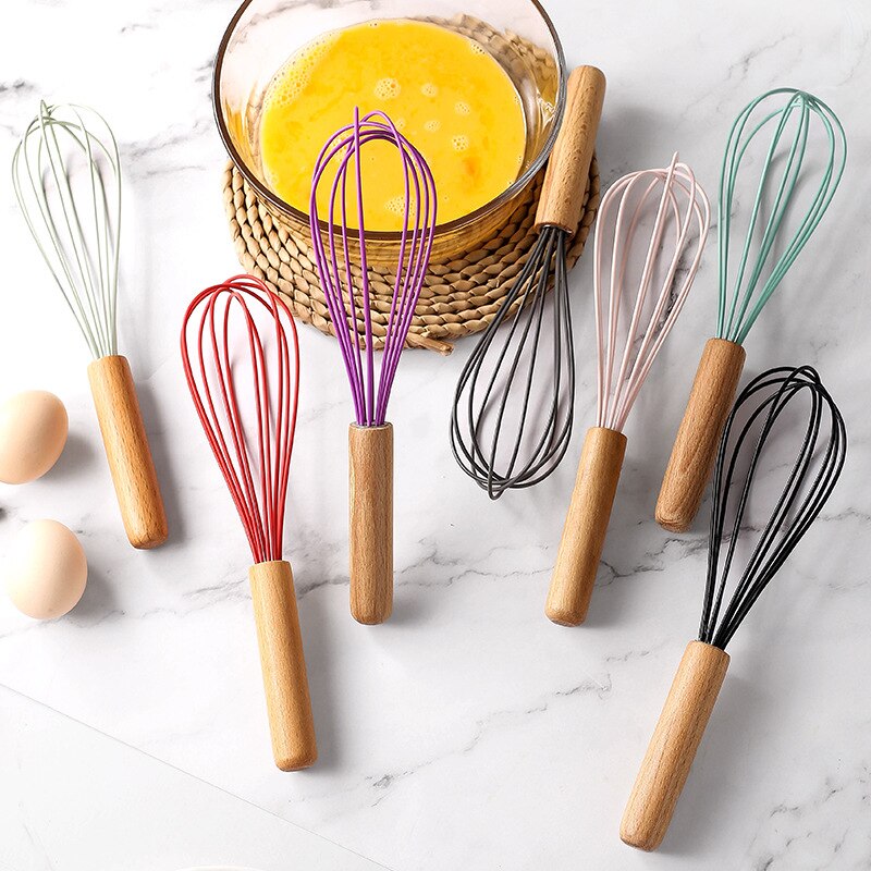 Silicone Wooden Handle Egg Beater 10 Inch Wooden Handle Manual Kitchen Mixer Household Baking Tools