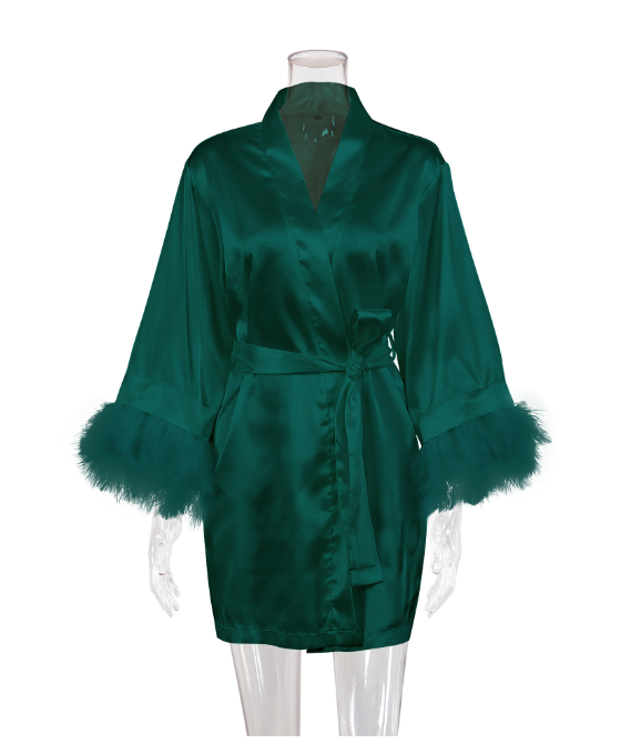 Peignoir en satin blanc avec plumes pour femme, robe de mariée, kimono sexy pour demoiselle d'honneur, quel que soit le court, peignoir pour patients, InDispensLingerie: Lavande
