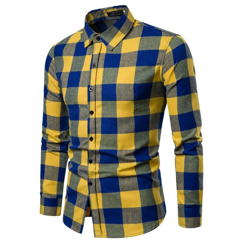 Plaid Shirt Autumn Winter Flannel Red Checkered Shirt Men Shirts Long Sleeve Chemise Homme Cotton Male Check Shirts: YELLOW / M