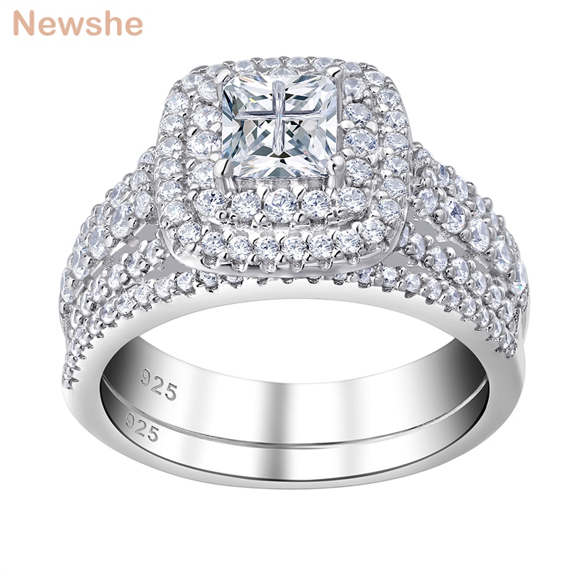 Newshe 925 Sterling Silber Halo Hochzeit Ring Set Für Frauen Elegante Schmuck Prinzessin Kreuz Cut AAAAA CZ Engagement Ringe