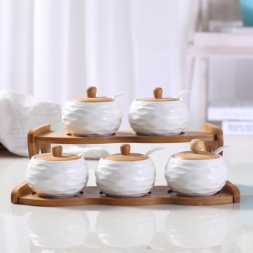 Garden bamboo stand upper layer ceramic glass seasoning can kitchen supplies box salt jars and lids: YS0172
