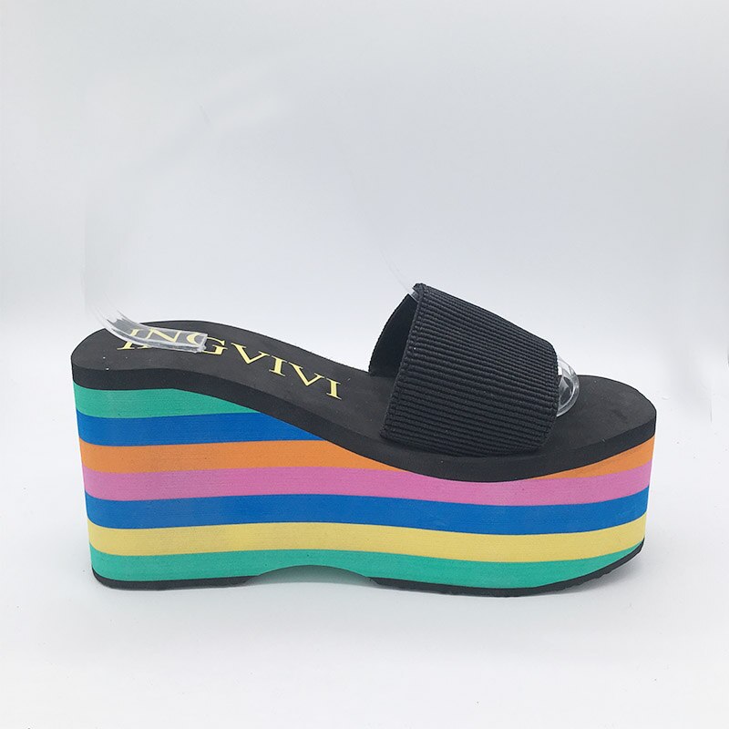 Hohe EVA Sohle Frauen Regenbogen streifen Rutschen Plattform Keil Dicken Boden Schuhe High Heels sandalen hausschuhe