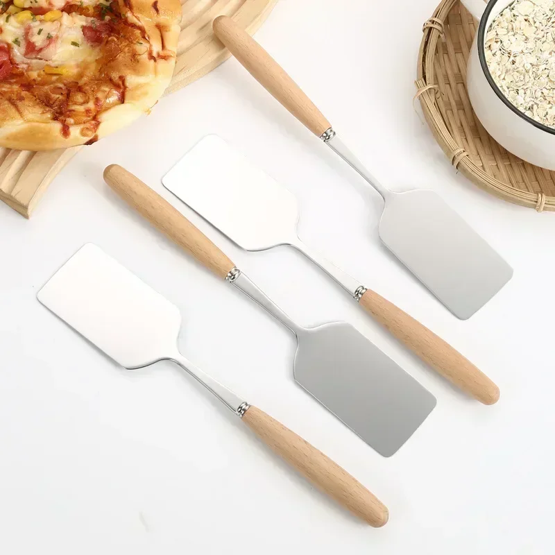Espátula para cocinar carne con cabeza cuadrada de acero inoxidable, mango de madera, pala para Pizza, rascador de carne y panqueques, utensilios para barbacoa para Cocina
