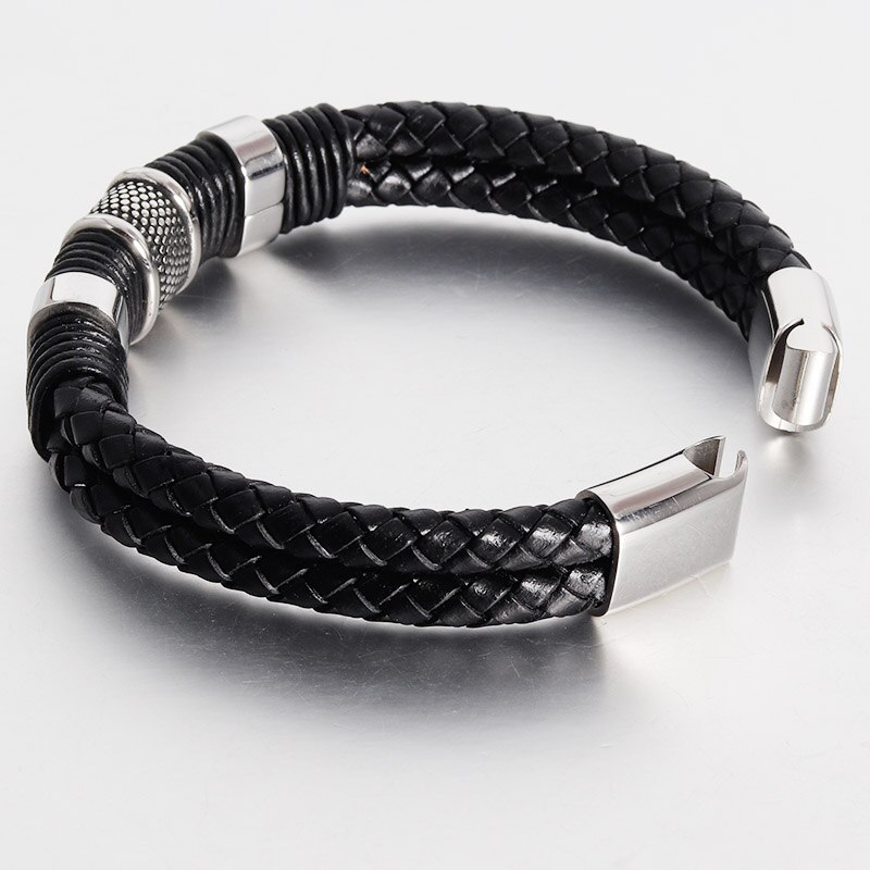 Pulseras de cuero trenzadas para hombre, pulsera de cadena de cuerda multicapa negra, cierre magnético de acero inoxidable, de joyería para hombre