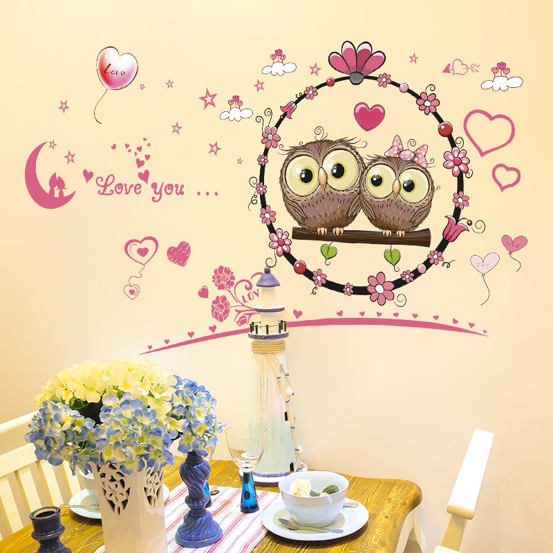 Cartoon Couple Owls Pink Hearts Wall Stickers for Living Room Bedroom Wall Decals Kids Room Decoration PVC removable Stickers