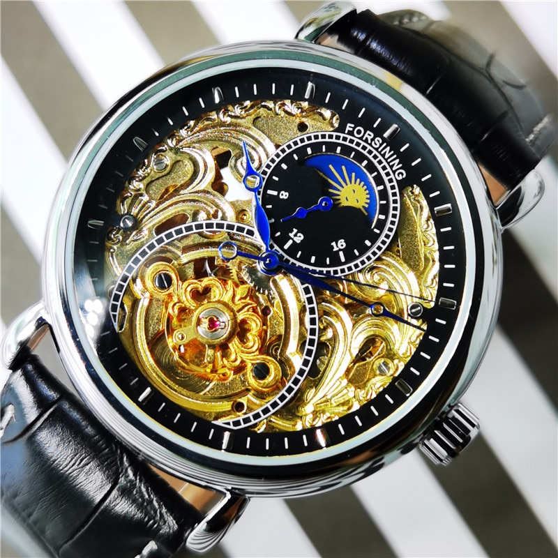 Forsining Luxe Zwart Lederen Moonphase Mode Blauwe Hand Skeleton Waterdichte Man Automatische Mechanische Horloge Voor Mannen