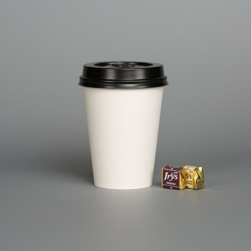 50 CT 16 Oz Tazas de té y café desechables con tapas, papel blanco ecológico, 450ml: Wite Lids Black / 100 unids