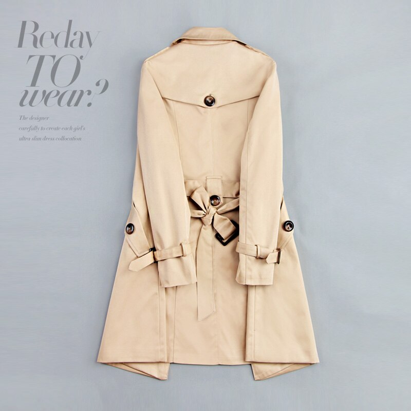 Double Breasted Mid-long Trench Coat Women Khaki Slim Belt Cloak Mujer Windbreaker Female Abrigos Brazil LH810