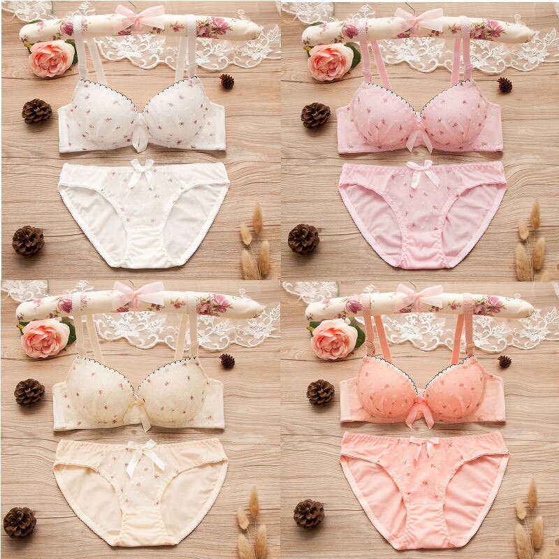 Teen Girls Bras and Panty Set Puberty Girls Lace Dot Cotton Underwear Set Bra Teenage Underwear Small Breast Bra