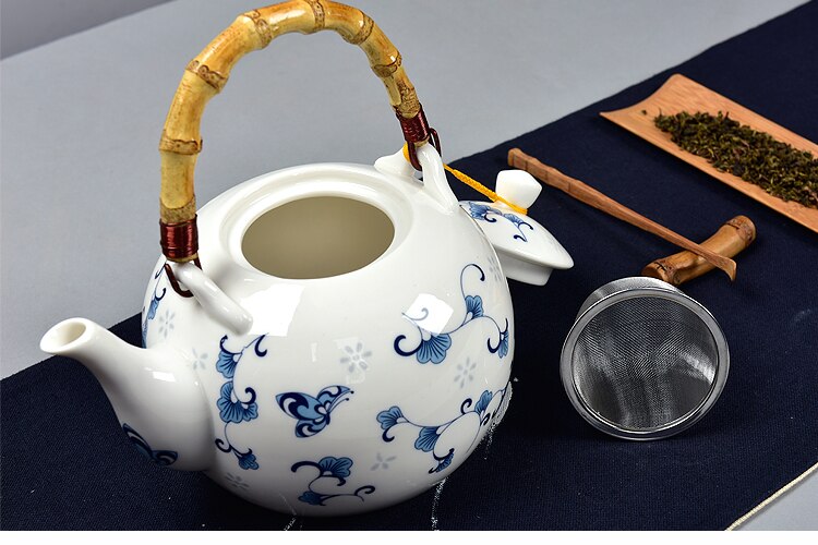Keramische theepot 1500 ML, grote capaciteit, blauw en wit porselein, keramische handgemaakte theepot, glas thee pot, met filter