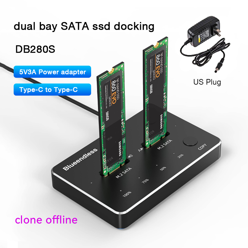 Blueendless  m 2 ssd-dockingstation med to bays, sata-duplikator, ssd med to bays, m2 .2 kabinet, sata 6 gbps, type c, usb 3.1 til ssd-harddisk
