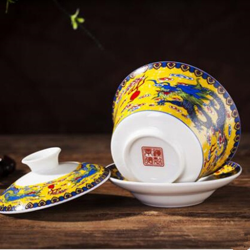 240ml céramique porcelaine Gaiwan de bonne augure longévité bol à thé avec couvercle soucoupe Kit pour de mariage bureau théière bouilloire
