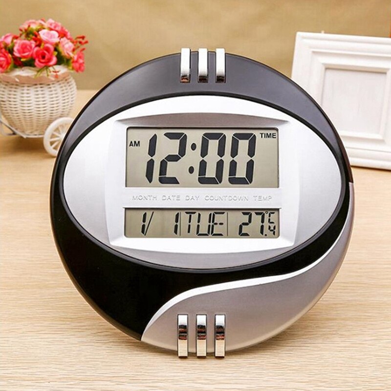 2 stk temperaturdisplay digital vegg elektronisk klokke lcd moderne kalender led brakett klokke mute - blå og svart
