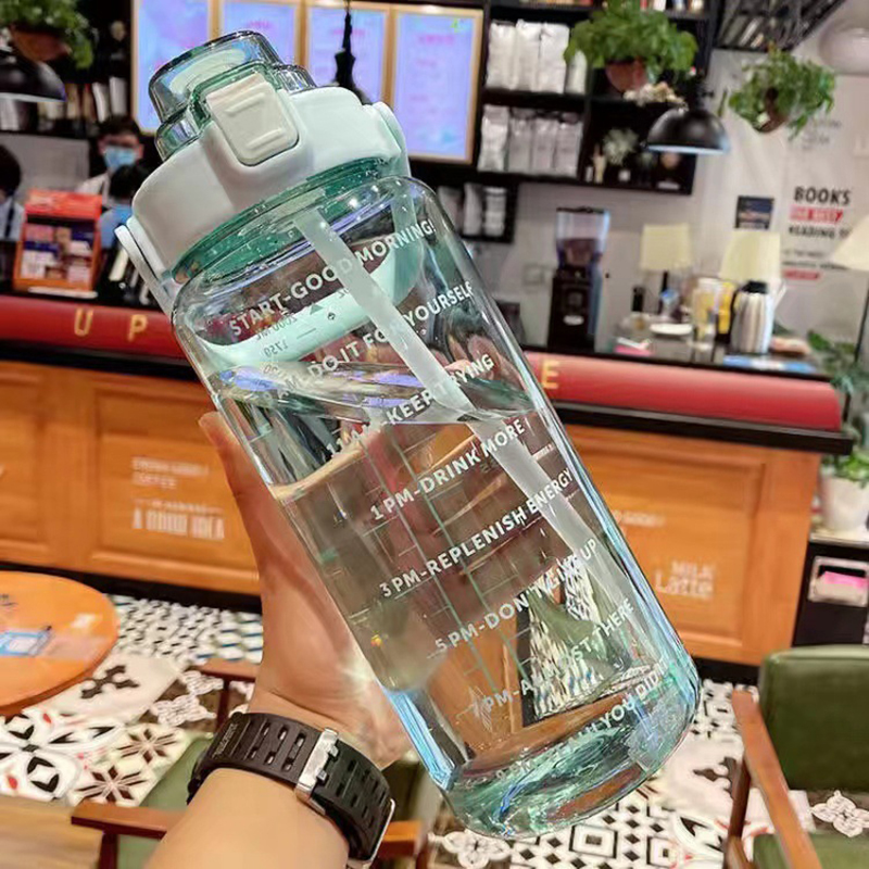 2 Liter Big Water Bottle With Straw Outdoor Sports Female Travel bottles Fitness Cup Summer Cold Water Jug with Time Marker: green