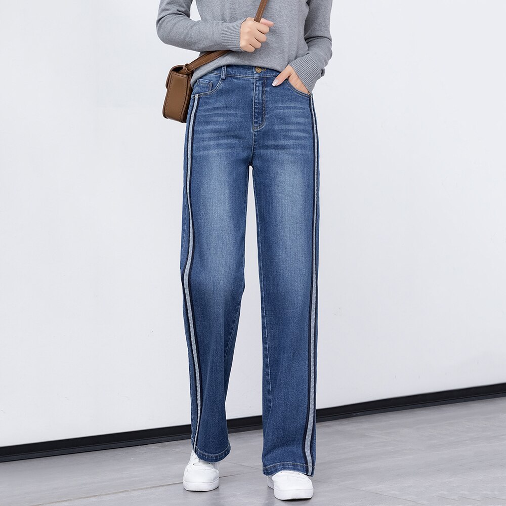 Women Denim Jeans Wide-leg Straight Slimming Bleached Blue Stretchy Jeans For Autumn Plus Size Side Pipe Striped Pattern