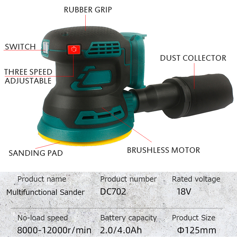 Cordless Random Orbit Sander Lithium-Ion Polishing Machine Variable Speed Sander 125mm For Makita 18V Battery No Battery