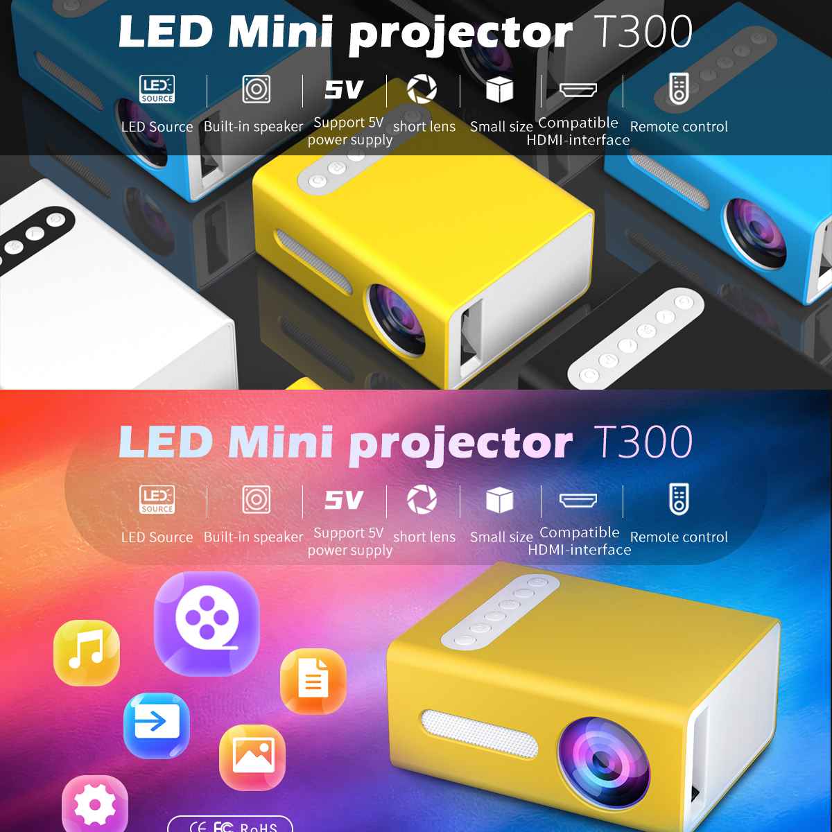 T300 110-240V Pro Led Mini Projector Ondersteunt 1080P Av Hdmi-Compatibel Usb Audio Projector Hd home Cinema Media Video Player
