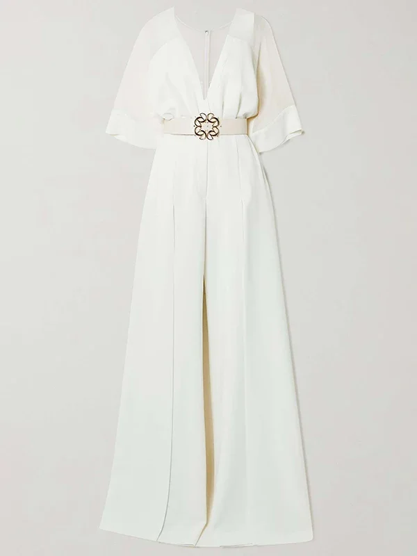 Gymystars gul jumpsuit kvinna lyxiga v-ringade jumpsuits knuten midja hög midja vida ben byxor: Xxl / Vit