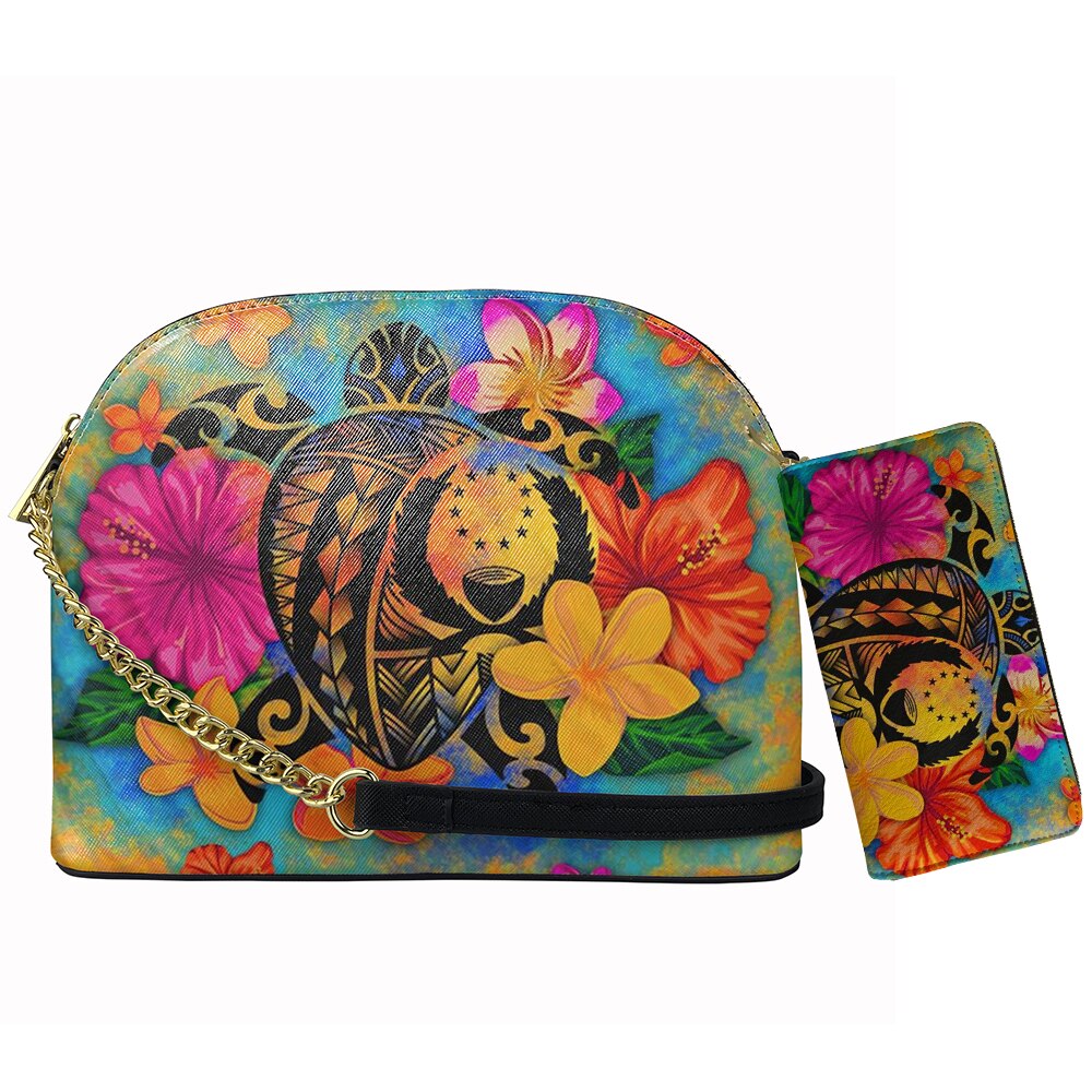 Nopersonality Pohnpei Vrouwen Schoudertas Polynesische Plumeria Gedrukt Luxe Lederen Crossbody Tas En Portemonnee Sac A Main: Black / 2pcs set
