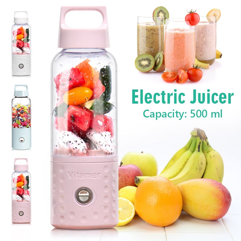 500ML 4000mAh Portable Mini USB Charging Vitamer Fruit Juicer: Pink