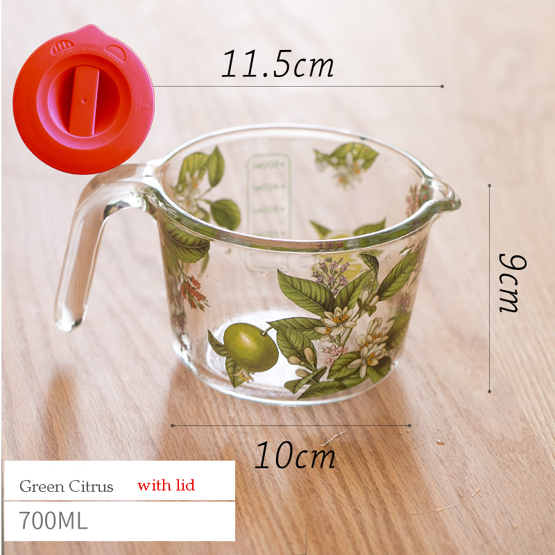 retro Blume Messbecher mit Deckel Glas Milch Saft Tasse mit Skala Messgläser Haushalt Küche Spielereien Backen Kochen Werkzeug: Armee Grün