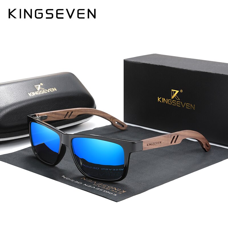 Kingseven 100%  polarisoidut vintage-puiset miesten aurinkolasit, puinen  uv400 suojakerroin, neliönmuotoiset aurinkolasit naisille, gafas de sol: Sininen