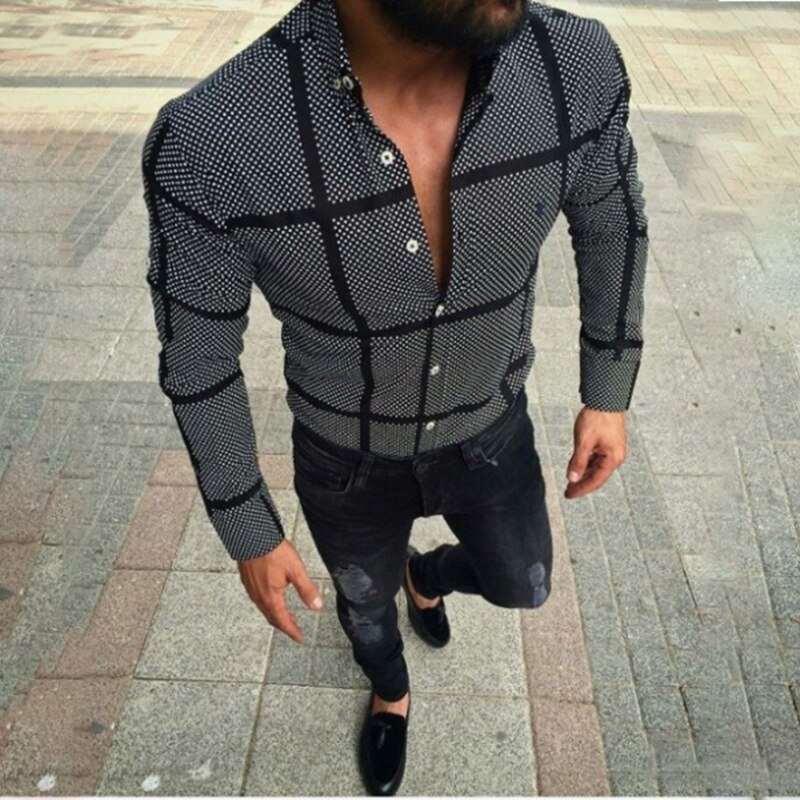 Shirts For Men Slim Fit Black Plaid Shirts Autumn Long Sleeve Casual Beach Shirt Male Tops Homme Single Breasted Cotton Clothing