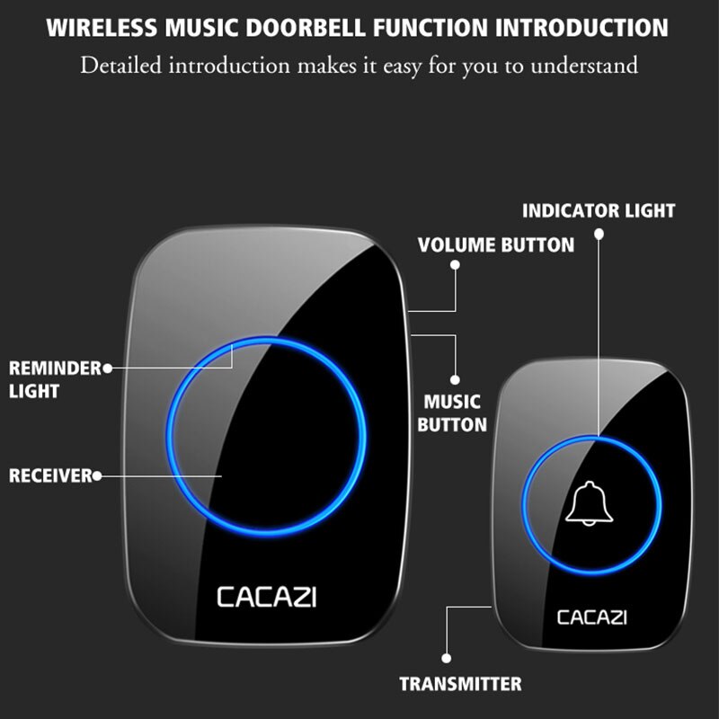 CACAZI 5 levels 36 Chimes 110DB 300M Remote Wireless Doorbell Waterproof LED Light Door Bell Battery powered Smart Door Bell