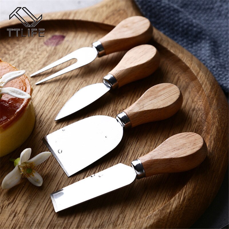 4 st/sset ekträ handtag kniv set ost smör gaffel blad rostfri servis kök ostskärare användbara matlagningsverktyg