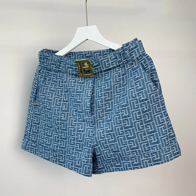5 Colors for Option Pink Texture Washed Denim Shorts for Women with Belt Casual Style Jeans Trousers