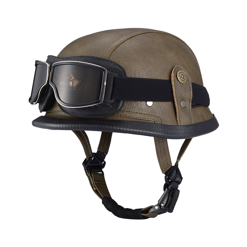 De oorlog II Duitse M35 halfshell handgemaakte lederen helm voor heren dames met Halley Goggle Skull Cap voor Cruiser Scooter Chopper: Army Green / XL