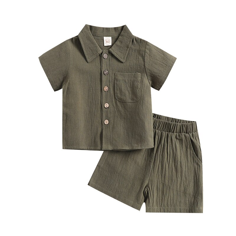 Blotona 2Pcs Little Boys Outfit, Toddlers Summer Solid Color Lapel Short Sleeve Single-breasted Shirt Tops +Elastic Waist Shorts: Army Green / 4T
