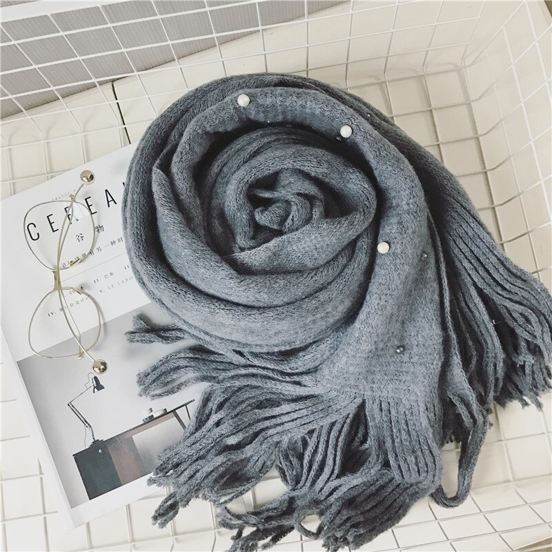Bufanda tejida cálida de invierno para mujer de de Luna y Delfín, bufandas suaves con cuentas de perlas y perlas, bufanda de lana con borlas, manta Pashmina grande