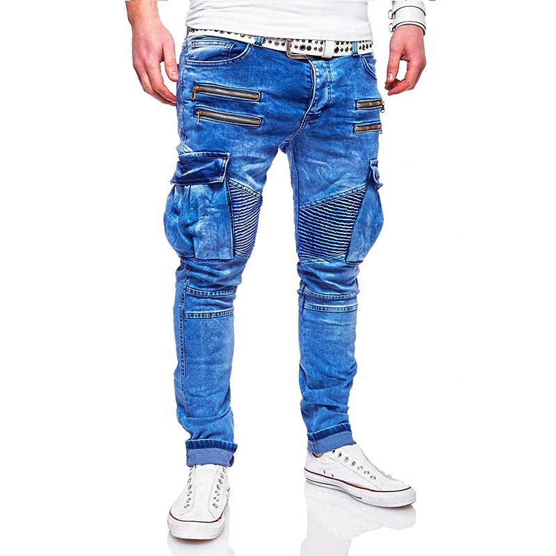 Mens Jeans Style Casual Zipper and Multi Pocket Denim Trousers Men