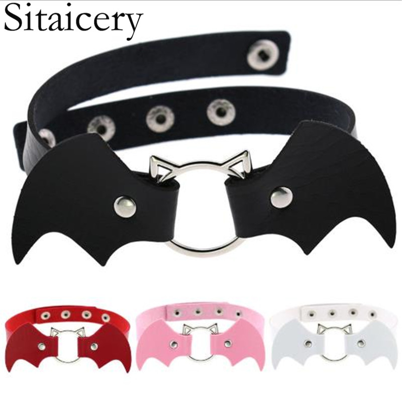 Sitaicery Punk Bat Collar Choker Women Necklace Kit Head PU Leather Choker Gothic Necklace Chain Jewely Accessories